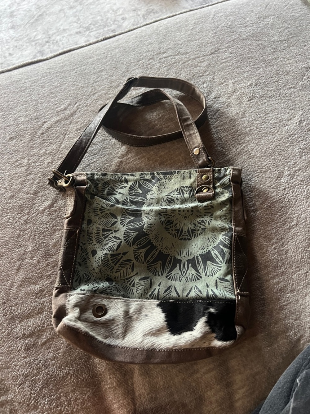 Myra Canvas & Leather Crossbody Bag with Cowhide Accent in Olive Green and Brown